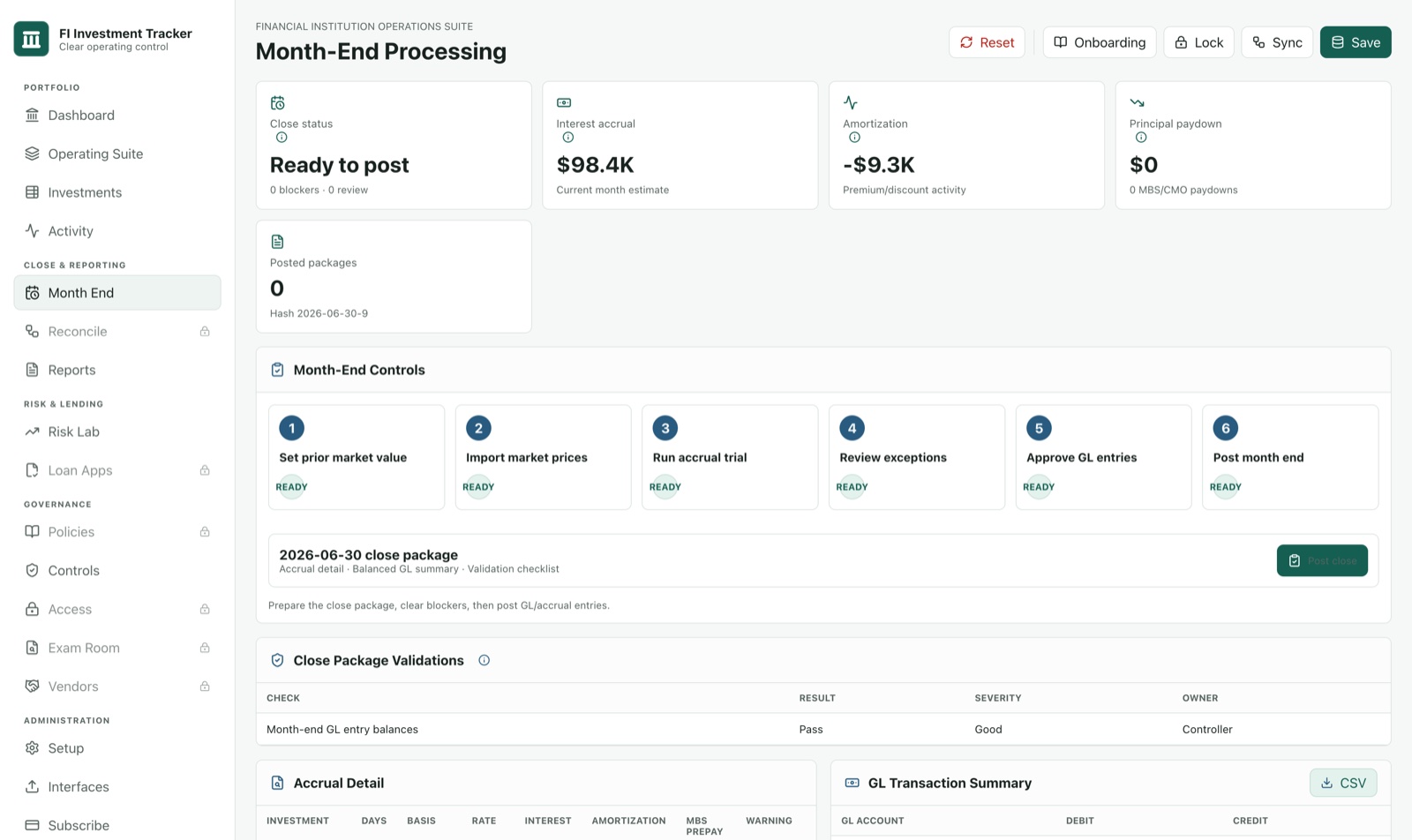 Month-end processing in FI Investment Tracker — close status, accrual and amortization, GL tie-out, and the controlled close workflow